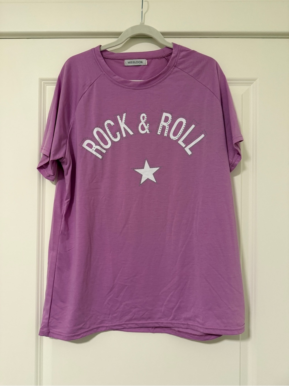 MISSLOOK Women’s 1X Purple 'Rock & Roll' Graphic Short Sleeve Tee. Like New.